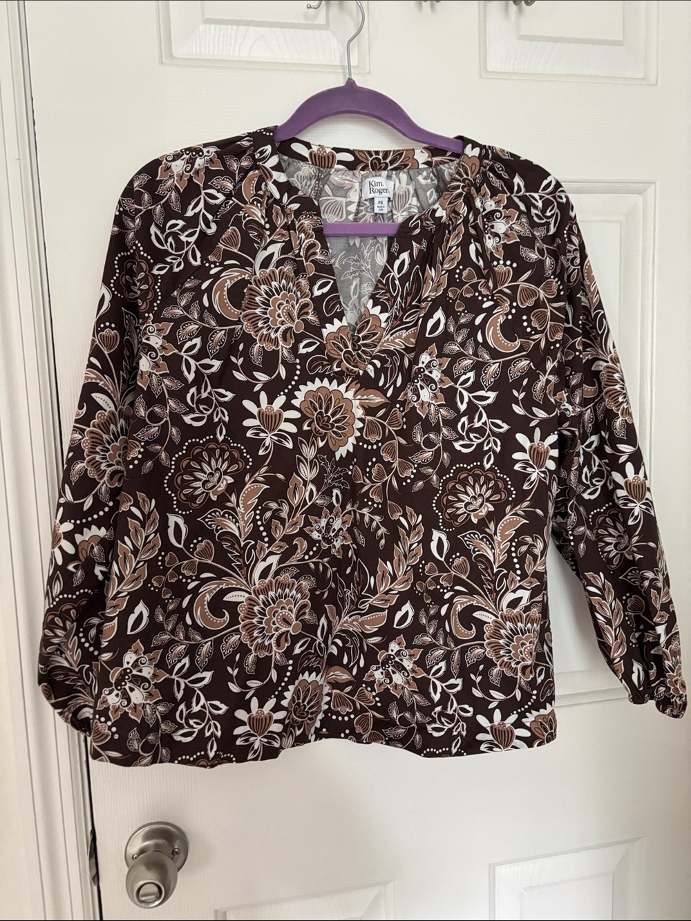 Kim Rogers Brown Floral V-Neck Blouse with Cream & Tan Accents